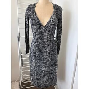Banana Republic Silk Cotton Wrap Dress Small Black White Long Sleeve Midi